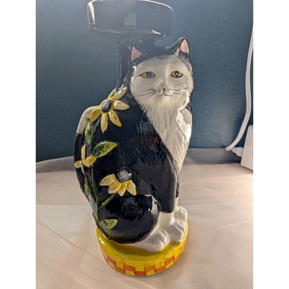 Nantucket Home Black White Tuxedo Cat Sunflower Candle Pillar Holder Figurine ~7